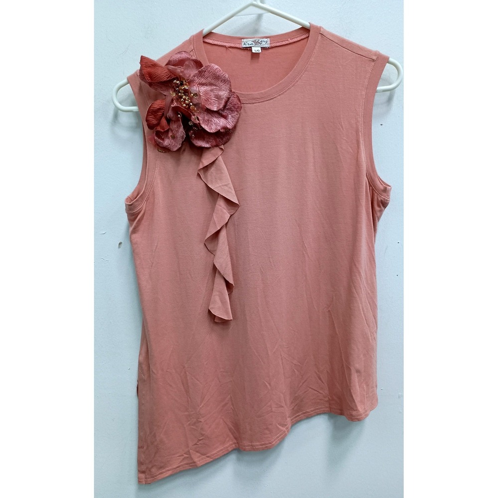 Y2K VTG KraKerz Sleeveless Top Women Large Pink Rose Corsage Ruffle Asymmetric